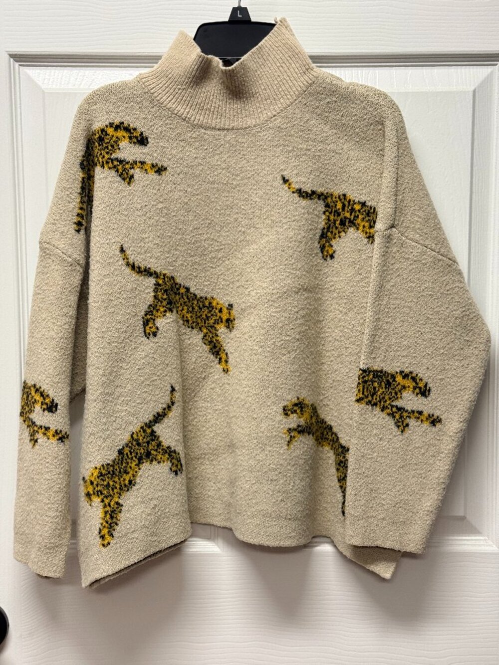 Tan Cowl Neck Sweater – Leopard Print Design | Women’s Cozy Fall/Winter Top